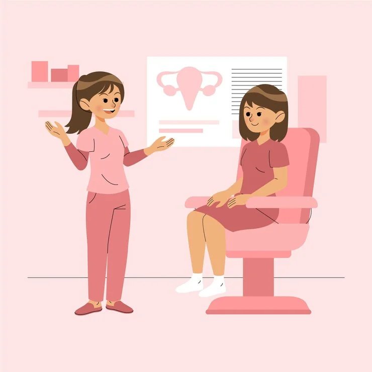 An animated illustration of a gynecologist explaining something to a patient in a pink-themed clinic room, with a diagram of the female reproductive system in the background.