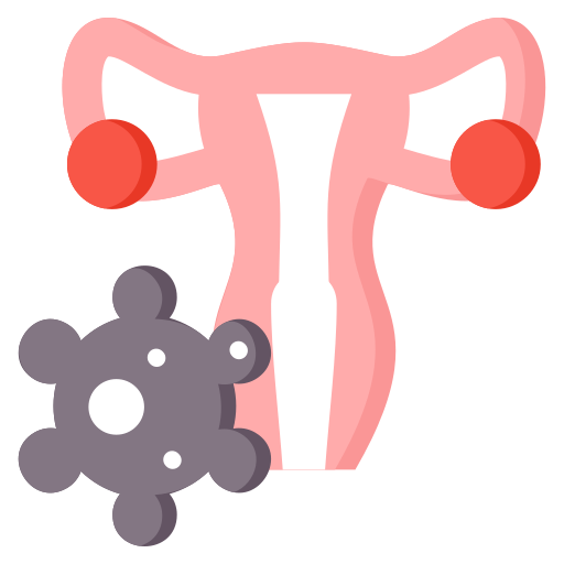 A stylized illustration of the female reproductive system with a symbol representing a gynecological issue, such as a tumor or infection.