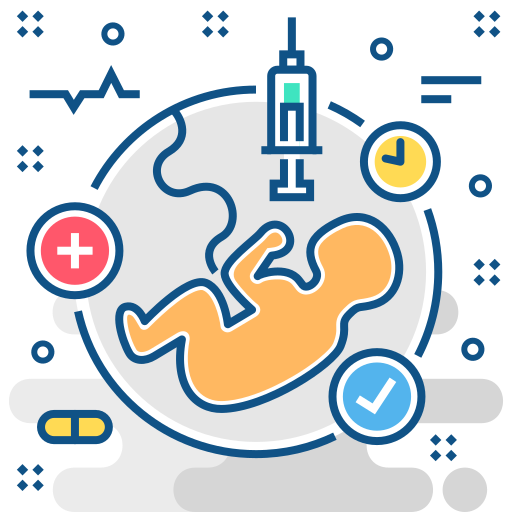 A stylized illustration of a fetus inside the womb, with medical symbols like a syringe, clock, and checkmark, representing prenatal care and monitoring.