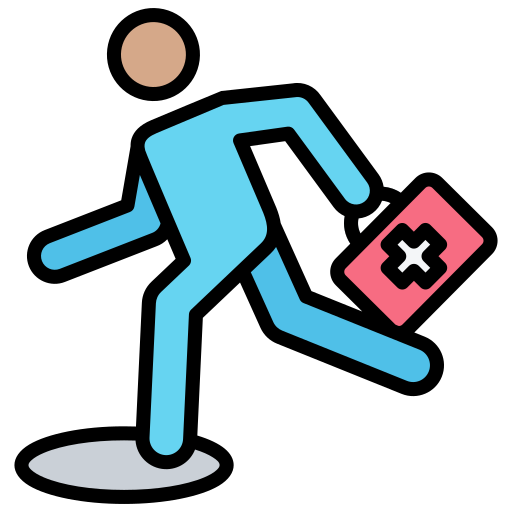 A simple illustration of a person running while carrying a first aid kit.