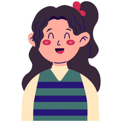 A cheerful, cartoon-style illustration of a young girl with a striped shirt and a red hairpin, smiling happily.