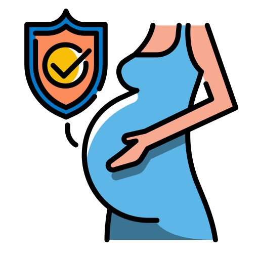 An illustration of a pregnant woman with a shield symbol, indicating safety and protection for both mother and baby.