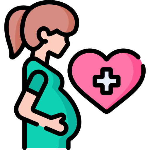 pregnant woman with a heart and medical cross symbol, representing maternity care and women’s health.