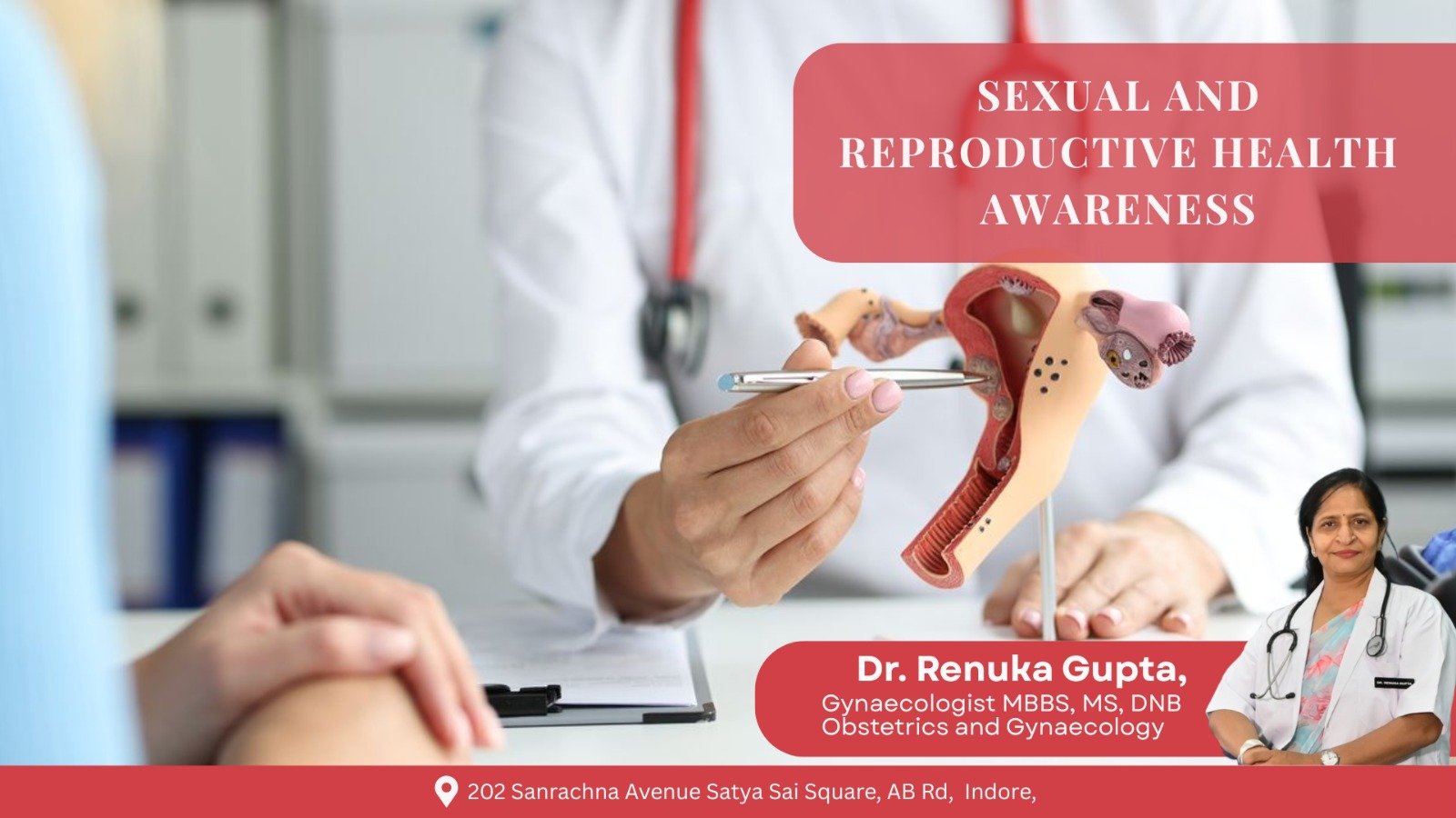 Gynecologist explaining female reproductive system using uterus model during sexual and reproductive health awareness consultation in Indore